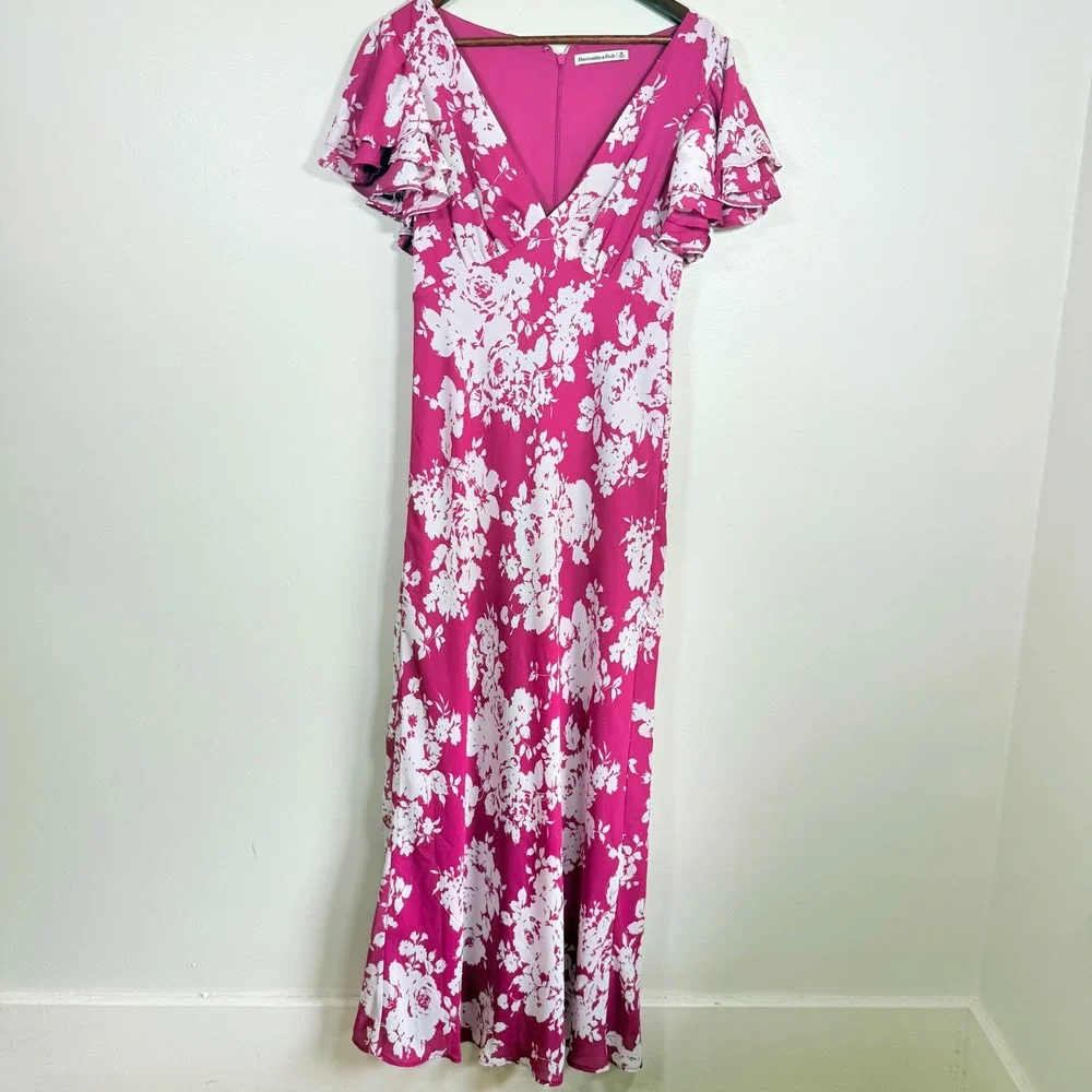 Abercrombie & Fitch Flutter Sleeve Floral Maxi Dress Size Medium Pink White
